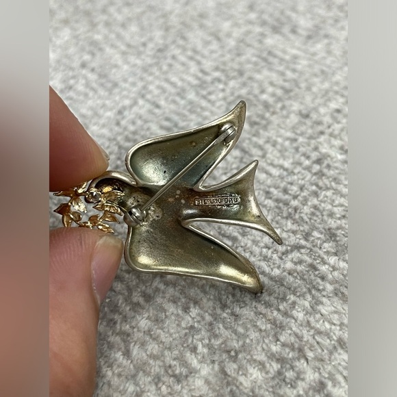 Vintage Sterling Silver & 14K Gold Dove With Olive Branch Brooch Pin - Picture 4 of 5